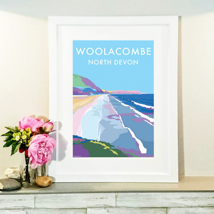 Woolacombe travel poster and seaside print by Becky Bettesworth