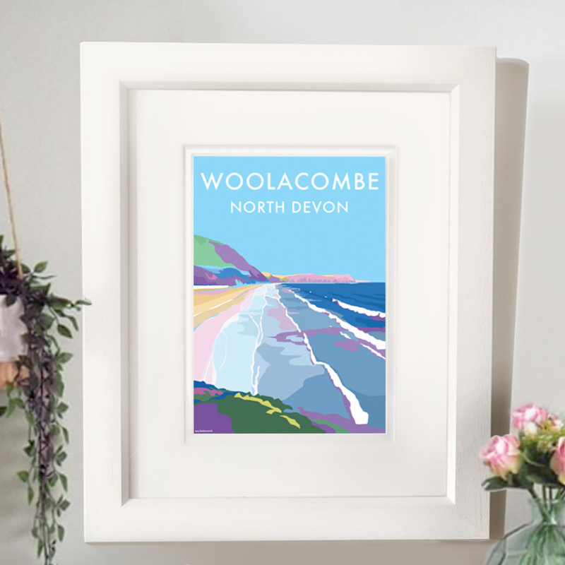 Woolacombe travel poster and seaside print by Becky Bettesworth