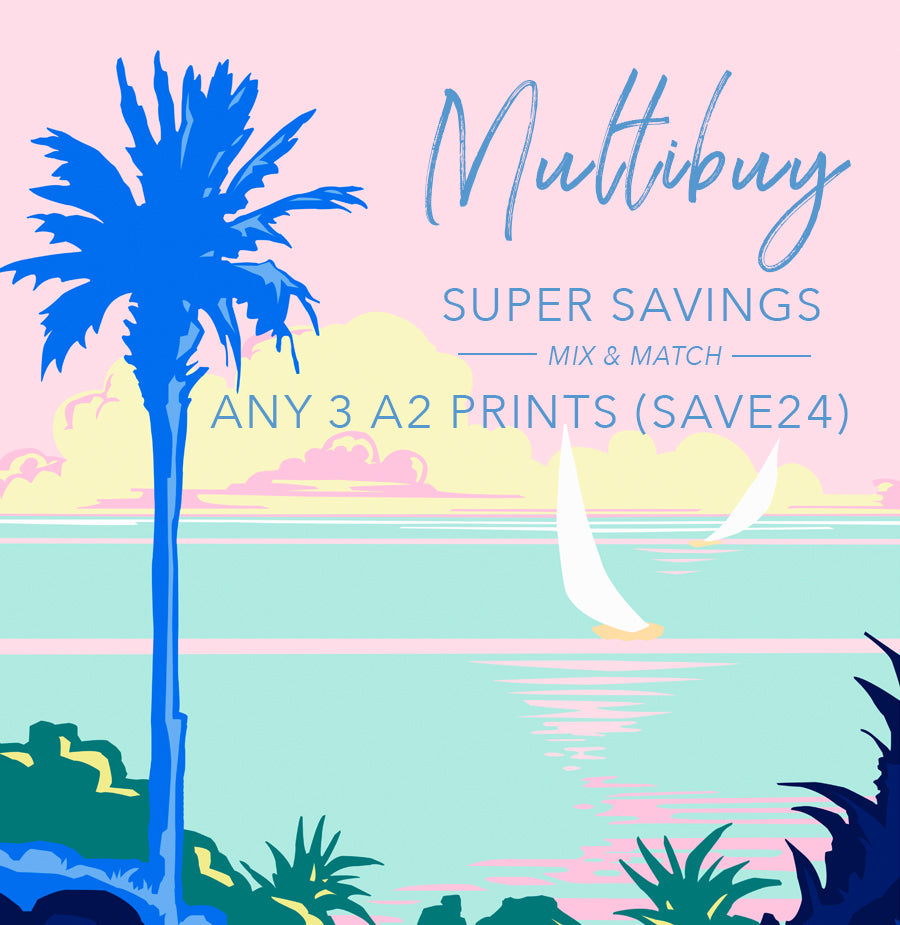 A vibrant beach scene with a blue palm tree, pink sky, and white sailboats is featured in the illustration. The text reads Custom Bundle - Multi Buy Three A2 Posters for £48. Perfect for your bundle page using the Bundle Builder app for dummy products and more.
