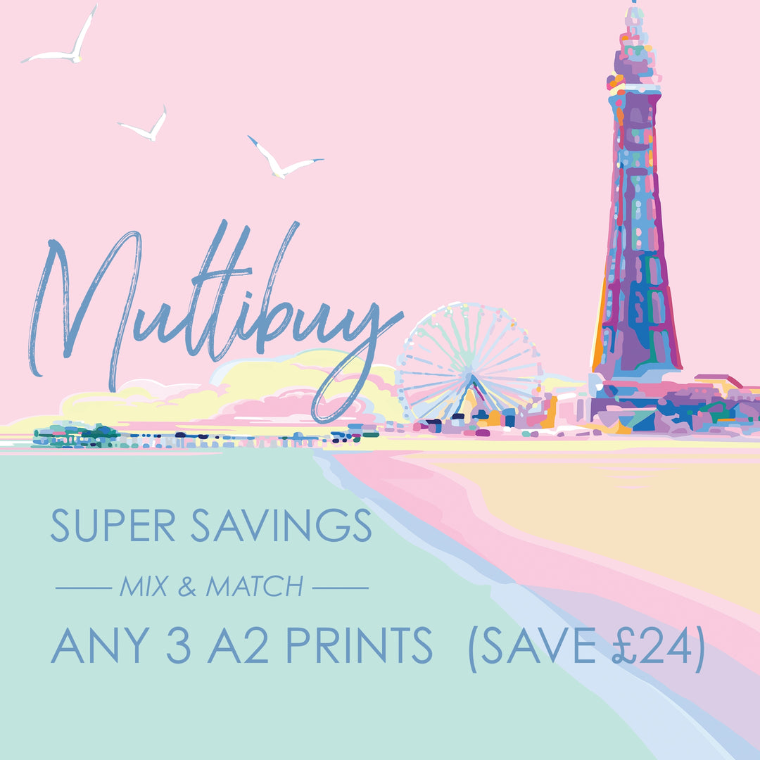 Illustrated beach scene with a ferris wheel under a pink sky and seagulls overhead. Text: Custom Bundle: Multi Buy - Three A2 Posters for £48. Save £24. Build your perfect bundle today!.