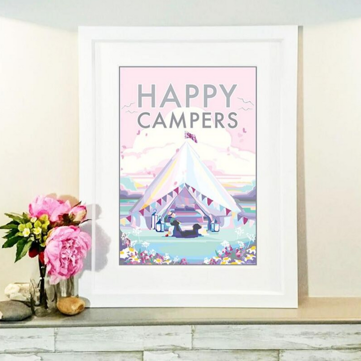 Happy Campers vintage style retro quote poster by Becky Bettesworth
