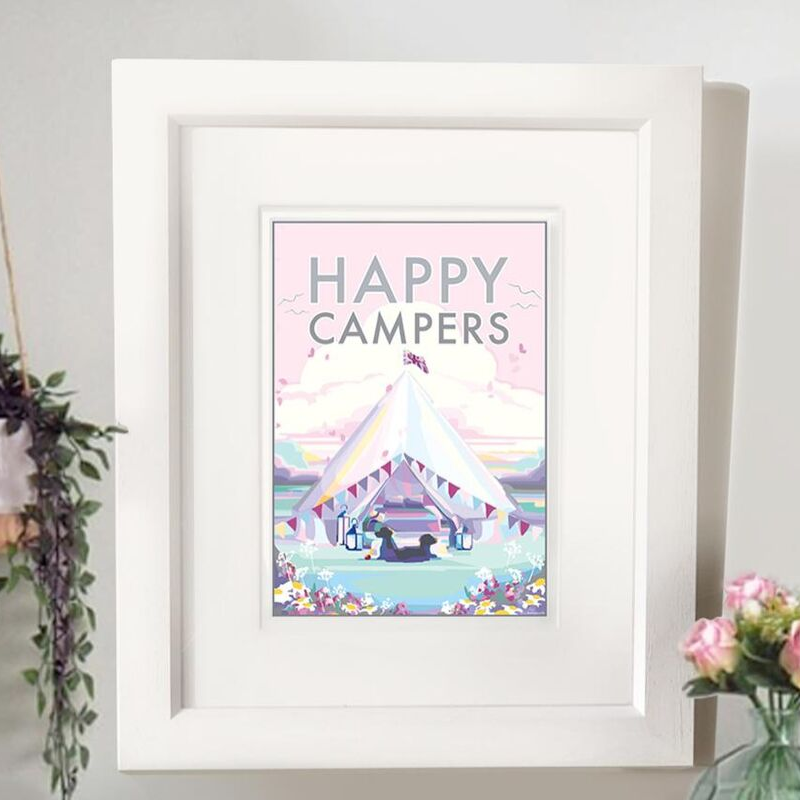 Happy Campers vintage style retro quote poster by Becky Bettesworth